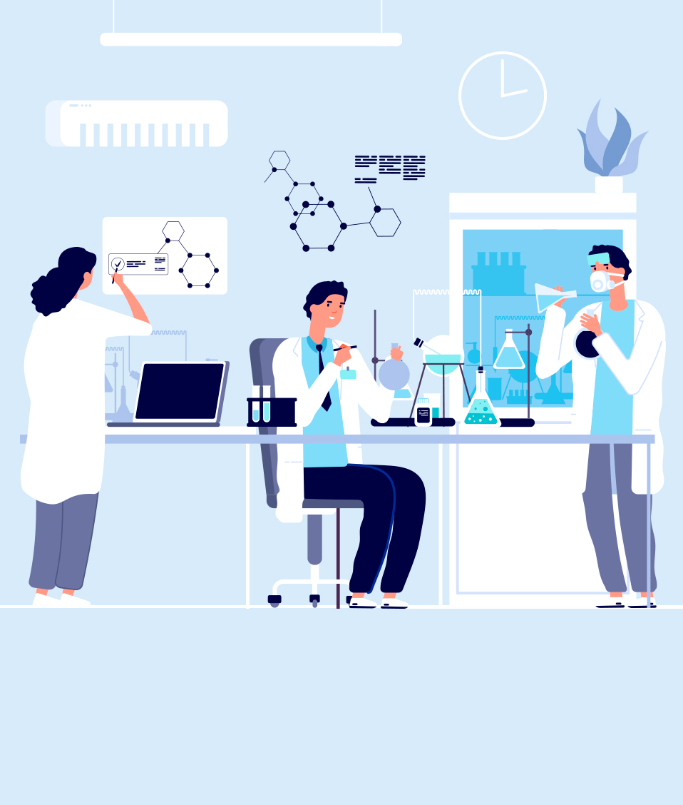 Ilustración de científicos trabajando en un laboratorio
