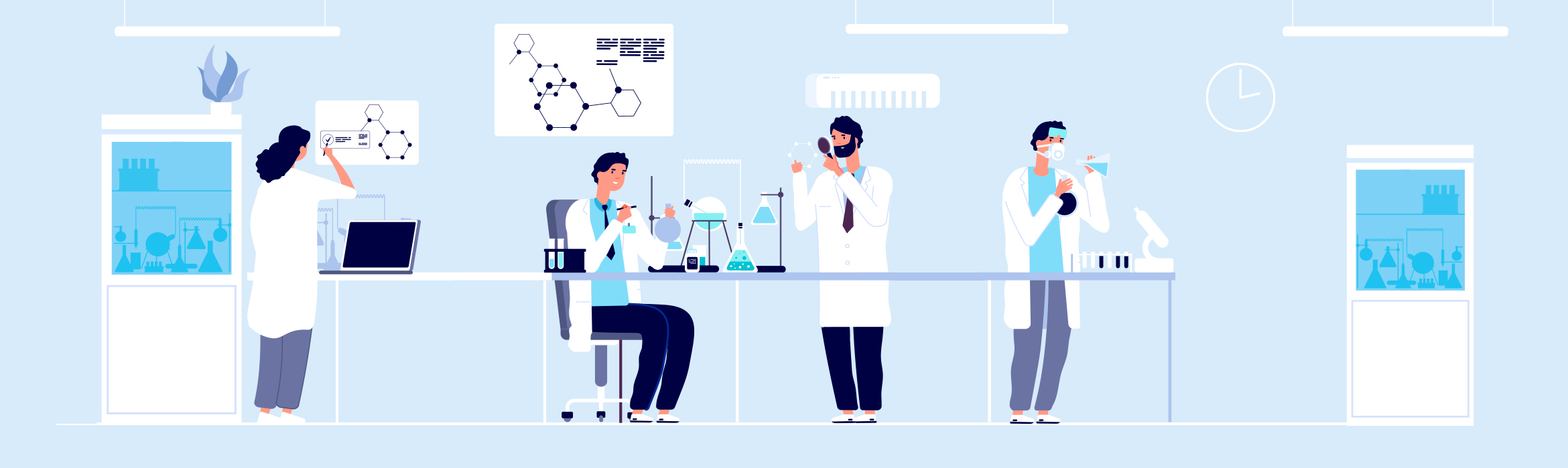 Ilustración de científicos trabajando en un laboratorio